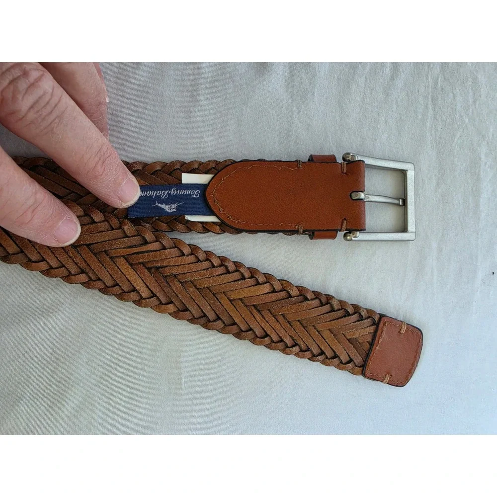 Tommy Bahama Mens‎ Cognac Brown Braided Leather Belt Silver Buckle Marlin Logo